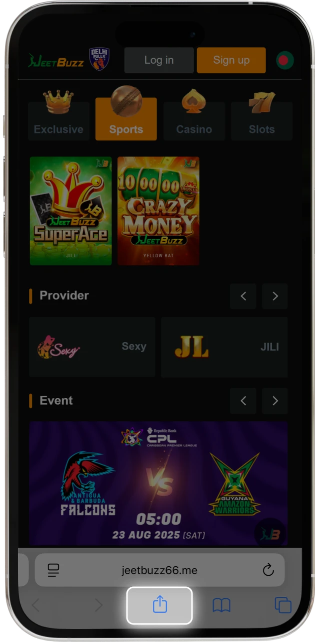 Press the Share button in Safari to set up the JeetBuzz shortcut on iPhone.